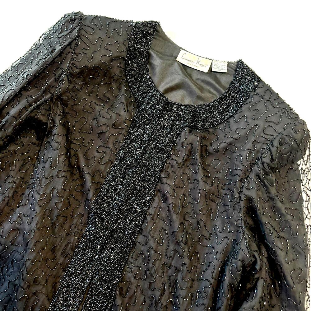 Vintage Laurence Kazar Dress Jacket Womens Petite XL Black 100% Silk Beaded 90s